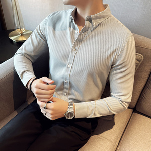 千鸟格长袖衬衫男士修身高级感痞帅衬衣休闲寸衫黑色C802-P58图片
