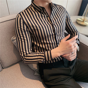 2025春装新款男经典条纹长袖衬衫轻奢质感衬衣修身黑色C6123-P58图片