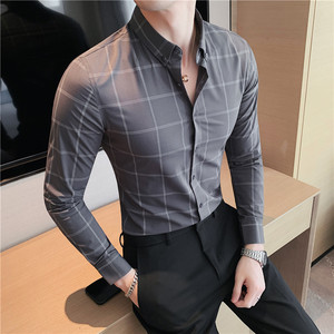 长期做~男士格子衬衫长袖高级免烫衬衣修身商务寸绿色C2040-P68图片