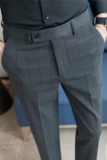 色织质感格子西裤男士弹力休闲裤修身小脚西装长裤灰色XK8022-P75，男装西服套装，电商A213