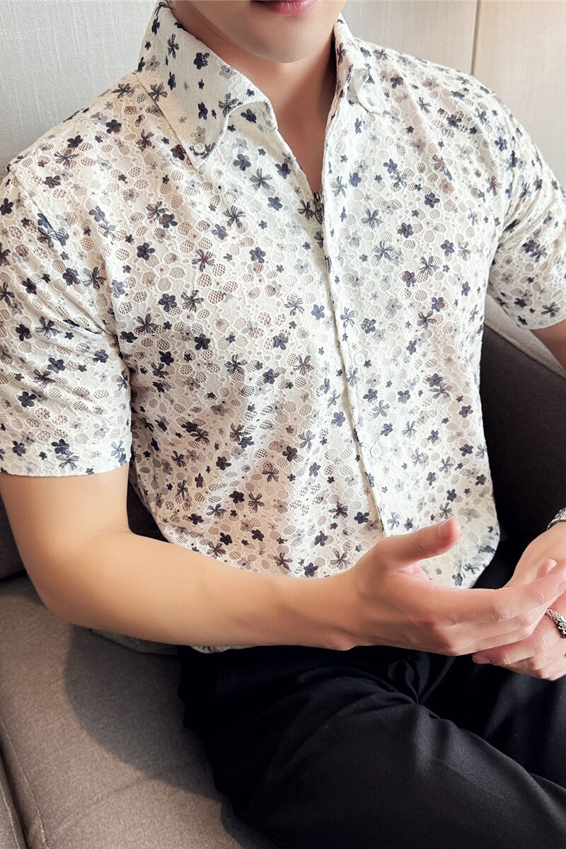 夏装薄款时尚性感V领短袖花衬衫蕾丝镂空透气一字领衬衣C6625-P53,男装衬衫,电商A213