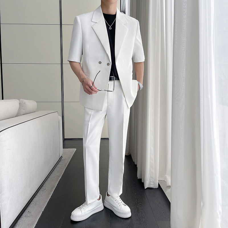 送皮带~夏装男宽松质感白色中袖西装两件套短袖西服LJT5503-P220图片