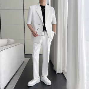 轻熟风夏装男宽松质感黑色中袖西装两件套短袖西服LJT5503-P220图片