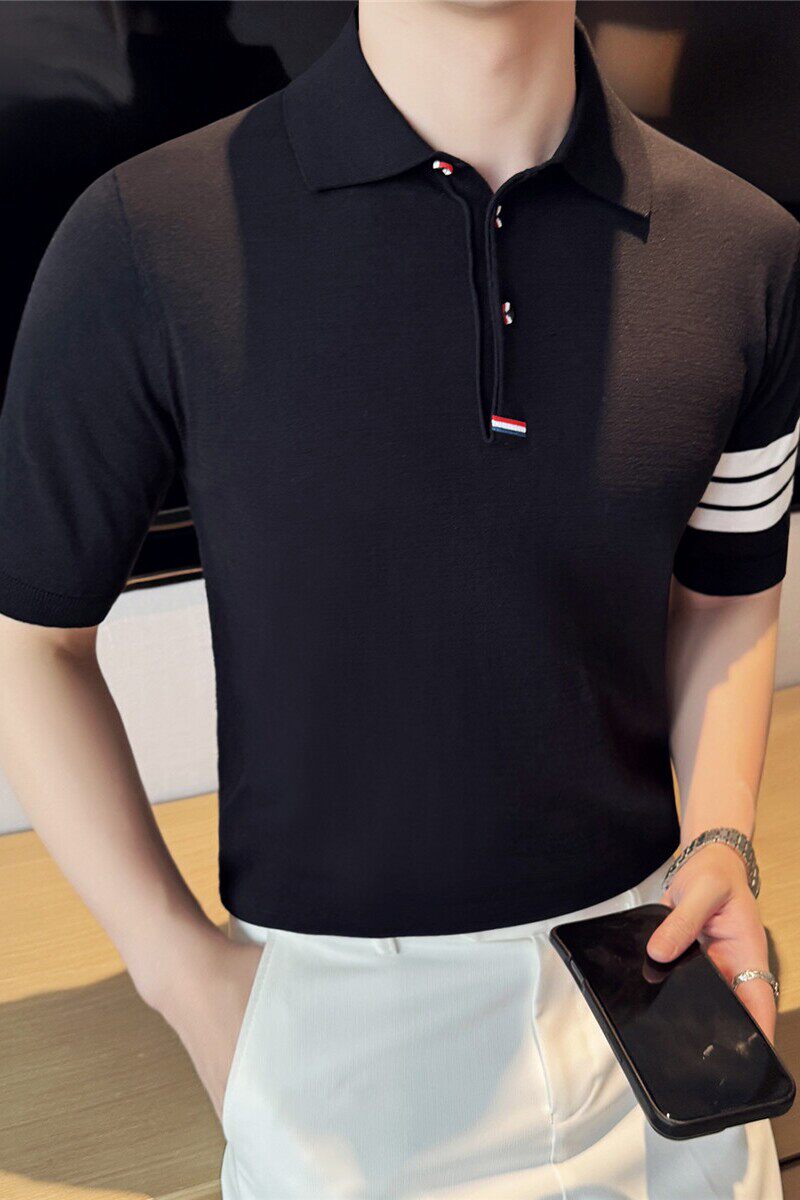 【天丝莱赛尔】手臂条纹拼色冰丝针织POLO衫短袖T恤男PL2404-P67图片