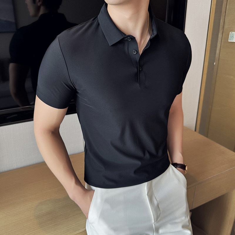 冰丝高弹无痕~夏季薄款polo衫纯色翻领短袖t恤黑色PLN003-P45特图片