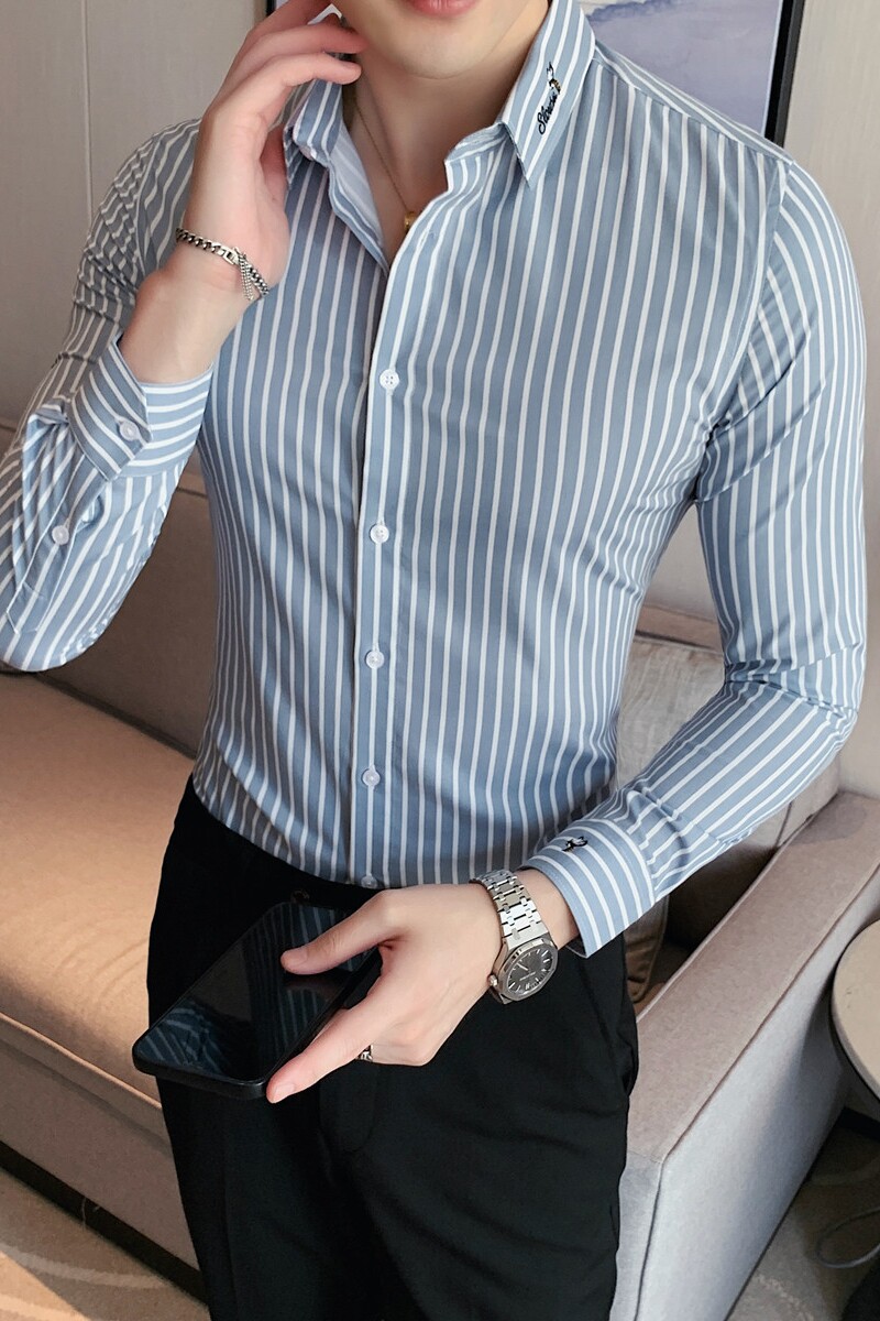 2025秋装新款男刺绣条纹衬衫修身潮男商务长袖衬衫蓝色C2036/P65,男装衬衫,电商A213