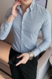 2025秋装新款男刺绣条纹衬衫修身潮男商务长袖衬衫蓝色C2036/P65，男装衬衫，电商A213