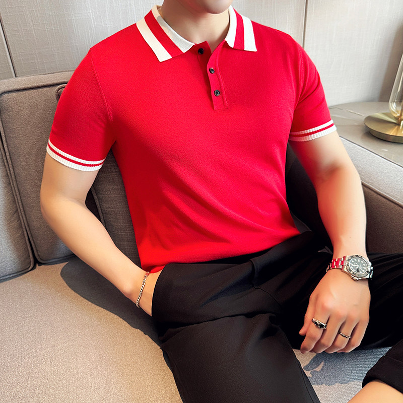 夏季冰丝薄款撞色针织短袖Polo衫男拼色翻领T恤黑色PL2371-P47图片