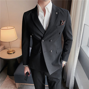 高品质条纹双排扣西装男上衣修身休闲西服外套单西中灰DX112-P155,矮胖女生穿搭156cm图片