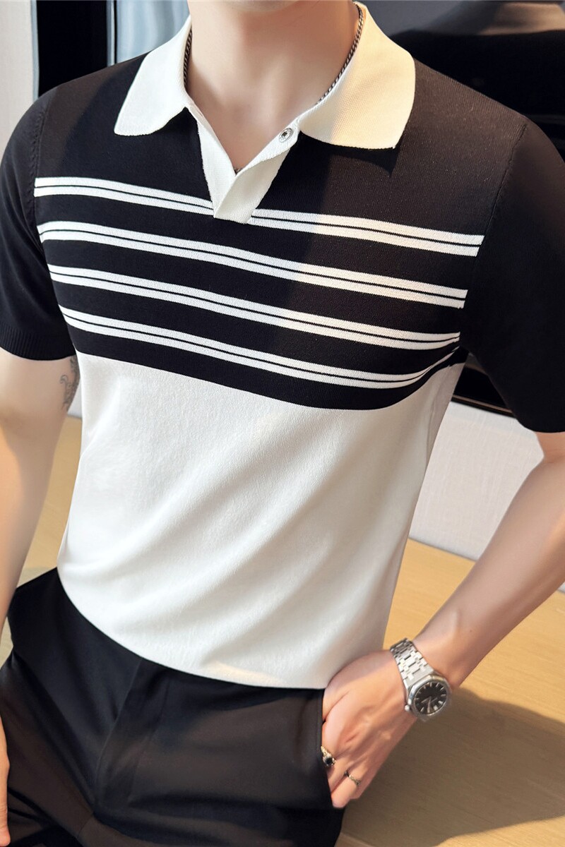 亲肤薄冰丝拼色条纹V领针织短袖T恤修身翻领Polo衫男MT26502-P57,男装Polo衫,电商A213