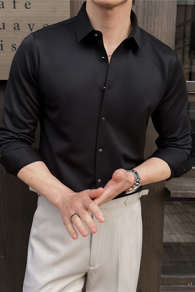 轻奢高级感弹力无痕压胶华夫格长袖衬衫男刺绣衬衣C6018-P78图片