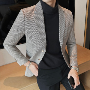 质感高档千鸟格子西装两粒扣西服男休闲西装外套潮流绿DX909-P138