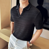 夏季满足你要的清凉~镂空针织短袖T恤V领Polo衫黑色PL2505-P60，男装Polo衫，电商A213