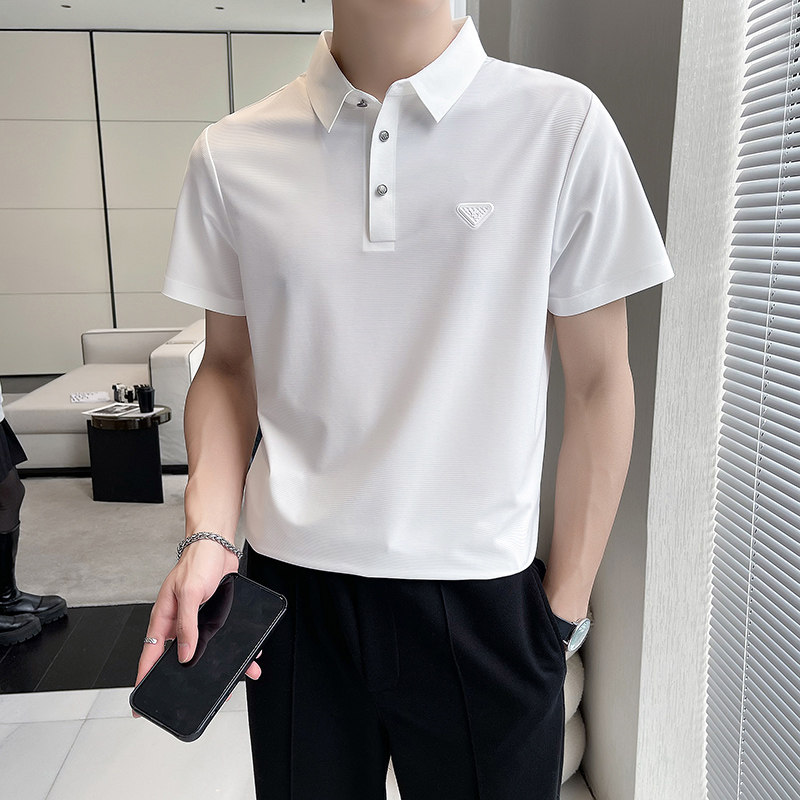 轻熟风~暗条纹高弹冰丝翻领无痕T恤男士短袖POLO衫蓝色PL03-P60,男装T恤,电商A213