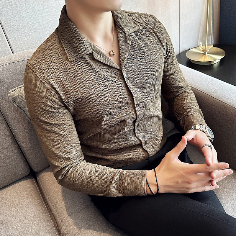 个性褶皱面料坑条个性长袖衬衫古巴领衬衣男大翻领咖啡C2631-P63图片