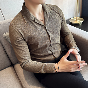 个性褶皱面料坑条个性长袖衬衫古巴领衬衣男大翻领咖啡C2631-P63图片