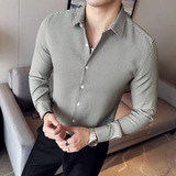 千鸟格长袖衬衫男士修身高级感痞帅衬衣休闲寸衫咖啡色C2005-P58，男装衬衫，电商A213
