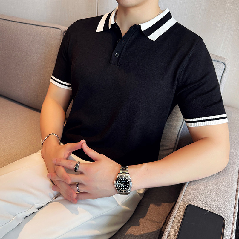 夏季冰丝薄款撞色针织短袖Polo衫男拼色翻领T恤黑色PL2371-P47图片