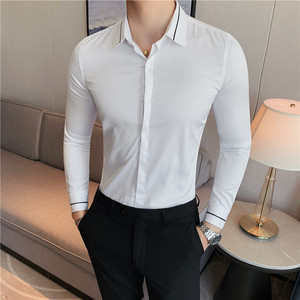 秋装新款男商务休闲衬衫修身潮男帅气长袖衬衫黑色C6807-P60图片