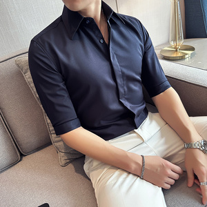 夏季暗门襟大领衬衫男中袖帅气商务休闲男五分袖衬衣C2341-P58图片