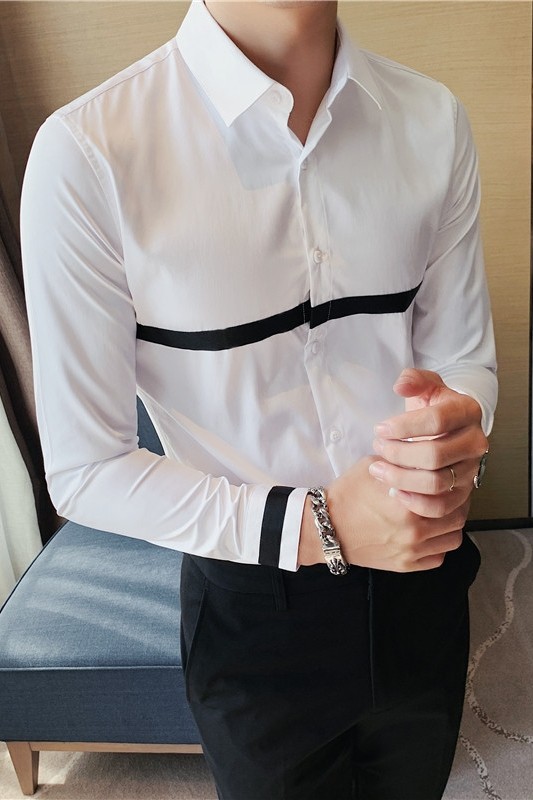 发型师衬衫男长袖韩版潮流修身帅气个性条纹织带衬衣白色C666/P60,男装衬衫,电商A213
