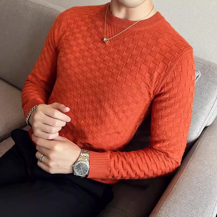 弹力提花编织冬季圆领毛衣男套头修身华夫格针织衫白色M9342-P57图片