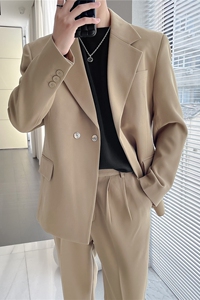 高级感西服套装男微阔两粒扣垂感西装两件套卡其色LJT958-P235图片