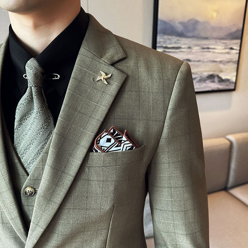 高级感色织格子新郎结婚礼服西装三件套质感西服SJT9013-P265，男装西服套装，电商A213