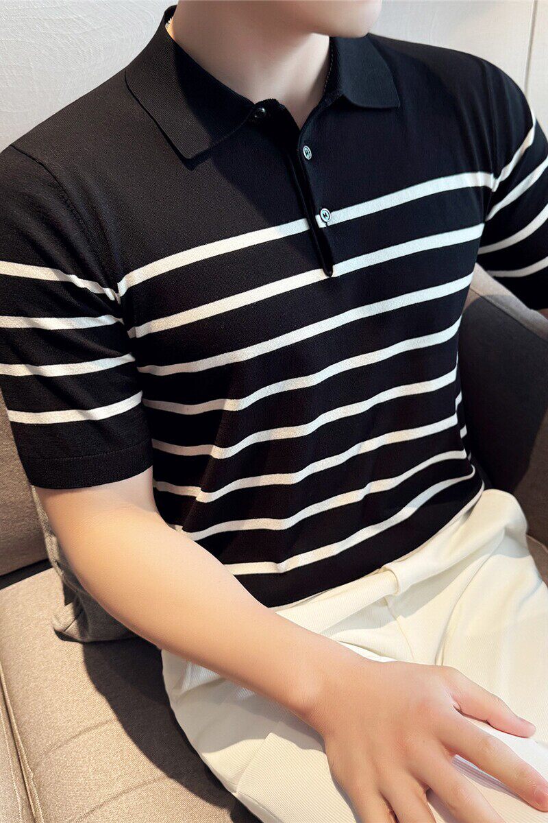 【天丝莱赛尔】条纹撞色冰丝针织POLO衫短袖T恤男黑色PL2401-P67,男装Polo衫,电商A213