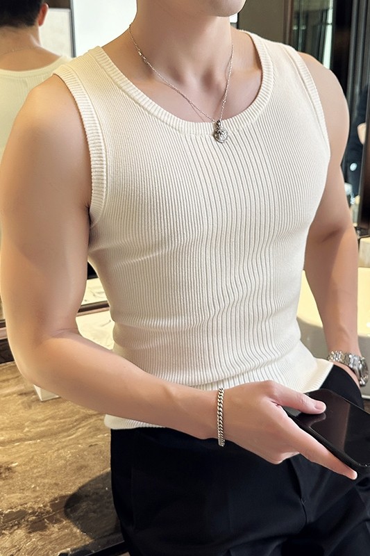 高级感坑条针织背心男无袖紧身T恤修身弹力内搭条纹背心BX002-P53图片