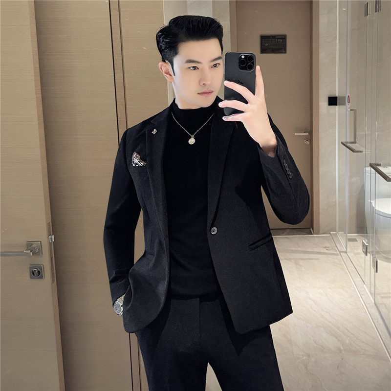 高级感毛呢子休闲西装套装男修身韩版秋冬加厚西服LJT6951-P230，男装西服，电商A213