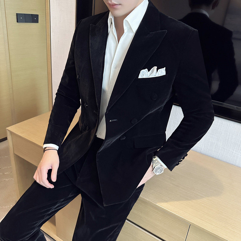 帅气戗驳领双排扣男礼服丝绒西装两件套结婚西服套装LJT947-P235,男装西服套装,电商A213