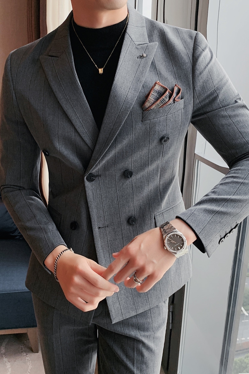 宽条纹西装双排扣加厚西服套装男商务礼服两件套修身LJT306/P230，男装西服套装，电商A213