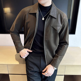 高级感翻领皮衣休闲外套男士华夫格亮面皮夹克咖啡色JK7208-P147，男装夹克，电商A213