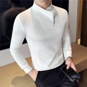时尚拉链设计感半高领弹力t恤男修身V领长袖打底衫白色CT105-P53图片