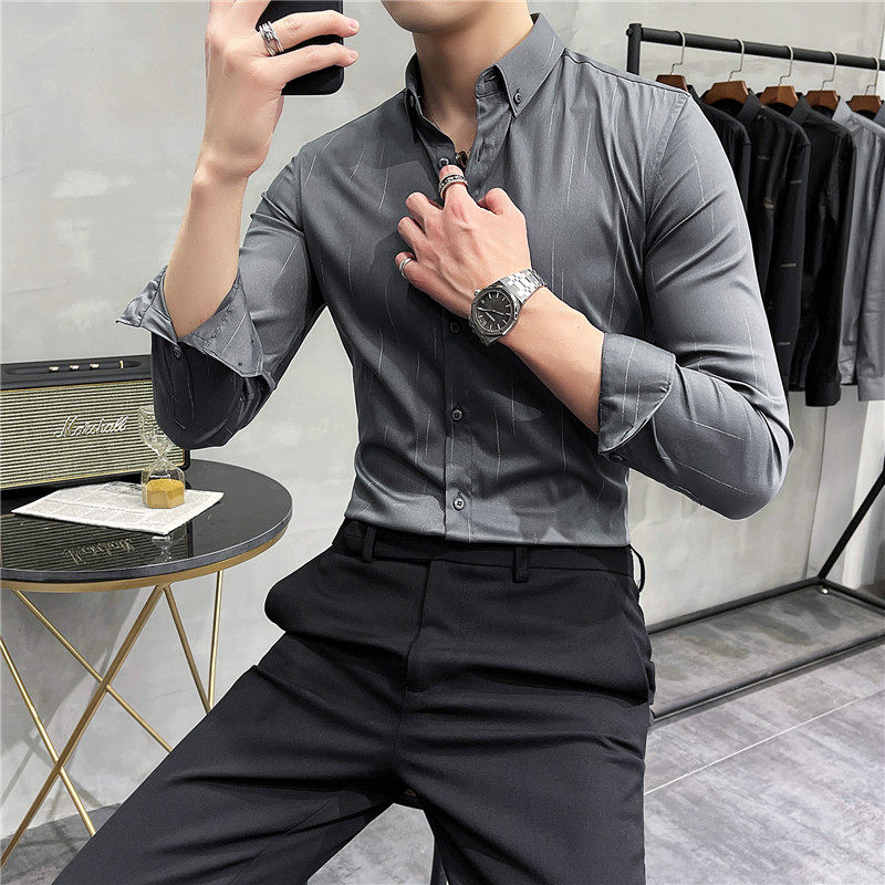 2025春装新款男士虚线条纹长袖衬衫英伦修身衬衣C2021-P68,男装衬衫,电商A213