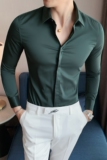 长期做-品质基础款跑量-男纯色暗门襟修身长袖衬衫墨绿C6637/P55，男装衬衫，电商A213