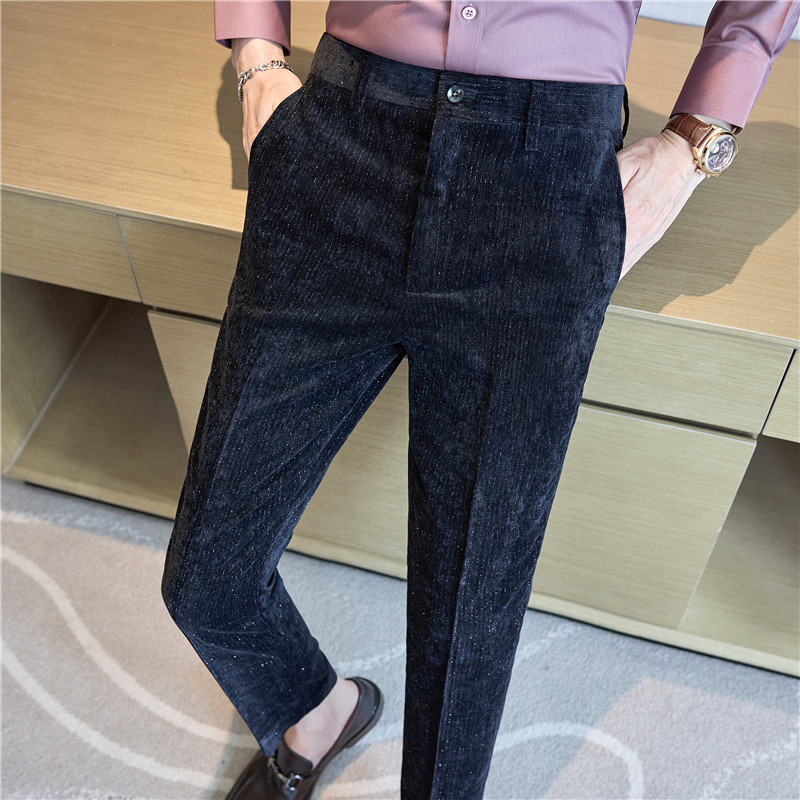 高级感休闲长裤秋冬加厚丝绒西裤修身条纹西装裤子绿色XK630-P68，男装西裤，电商A213