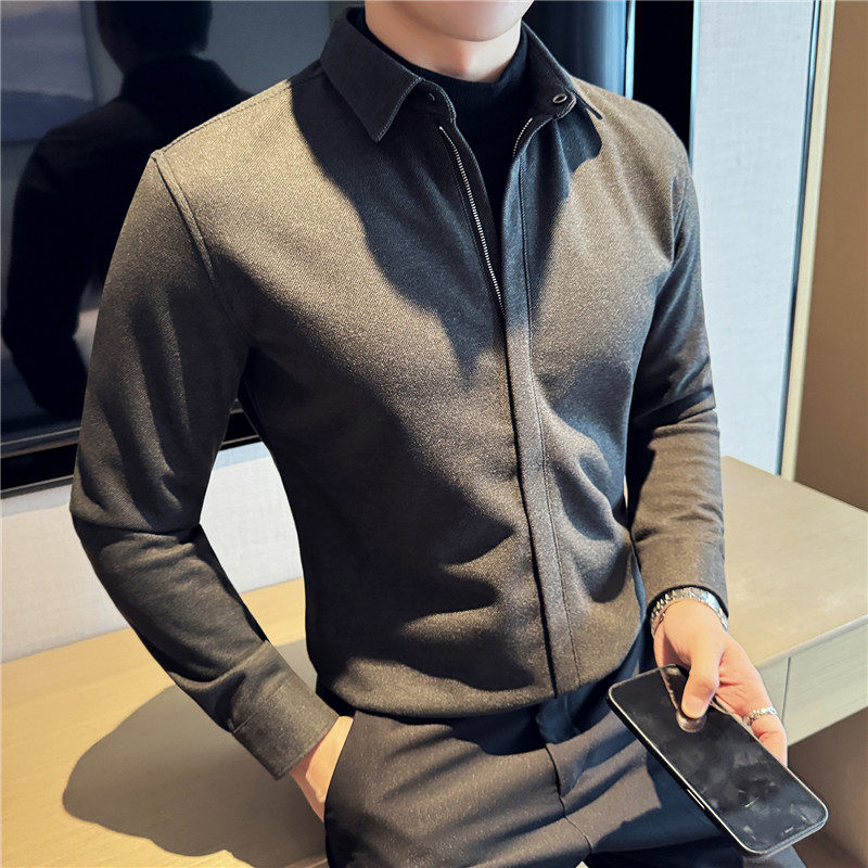 秋装个性加厚毛呢衬衫拉链款休闲假两件衬衫毛衣咖啡色CM9213-P93,暗红色毛衣搭配格子裙图片