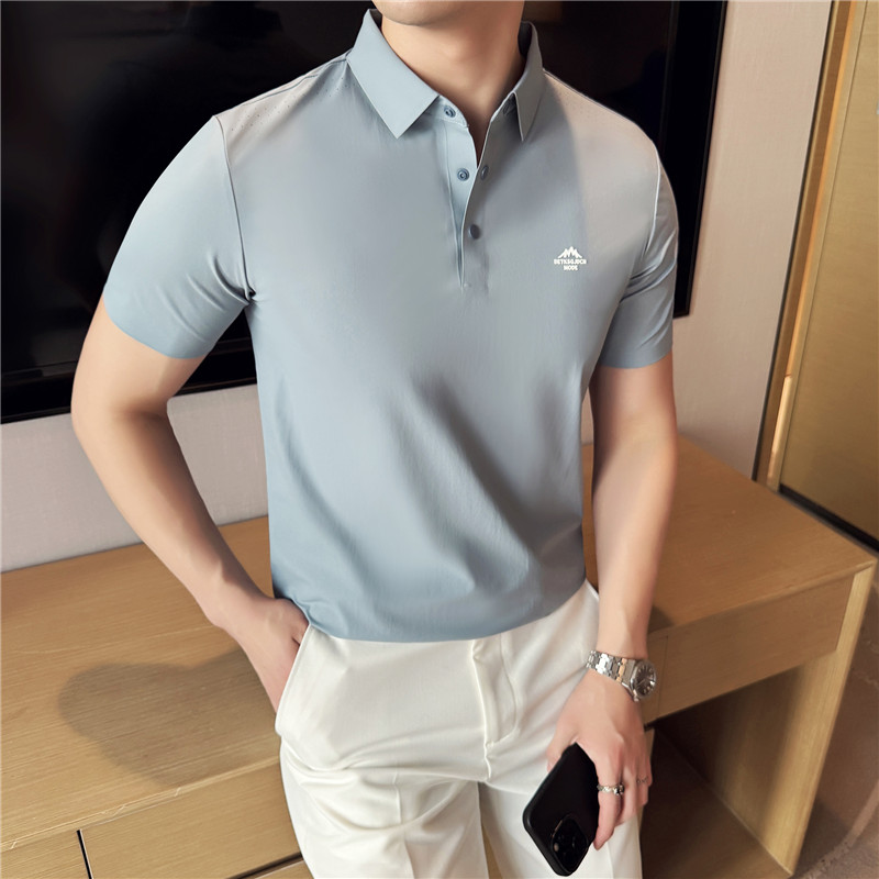 高弹无痕~2025新款肩部镂空透气短袖t恤时尚翻领polo衫男PL16-P57，男装T恤，电商A213