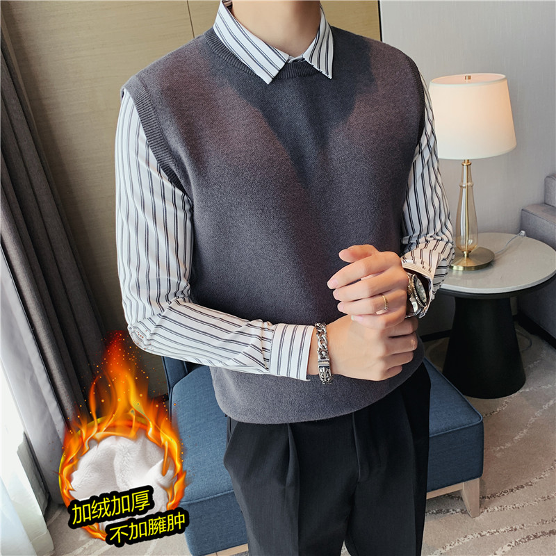 加厚加绒~时尚假两件条纹拼接衬衫领针织背心男毛衣JR6801-P98图片