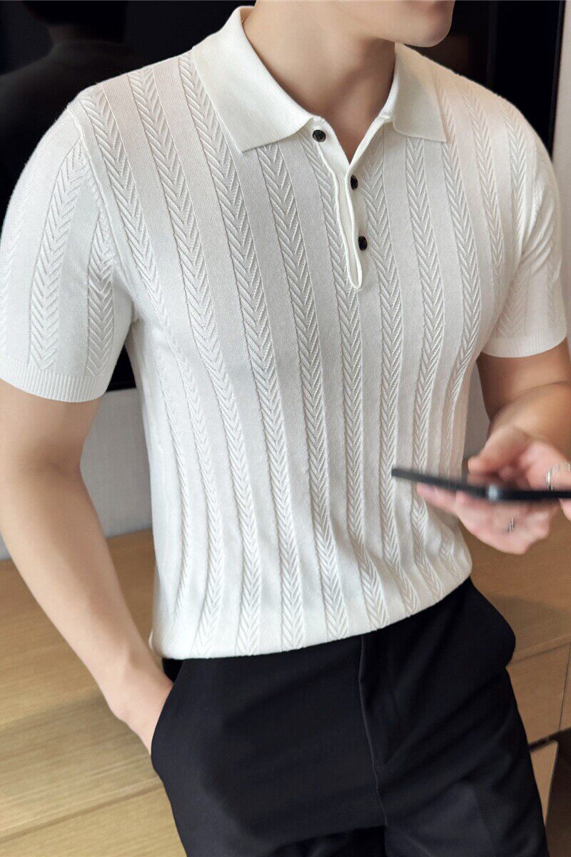 莱赛尔人字纹提花~冰丝条纹针织短袖Polo衫翻领T恤白色PL8936-P58图片