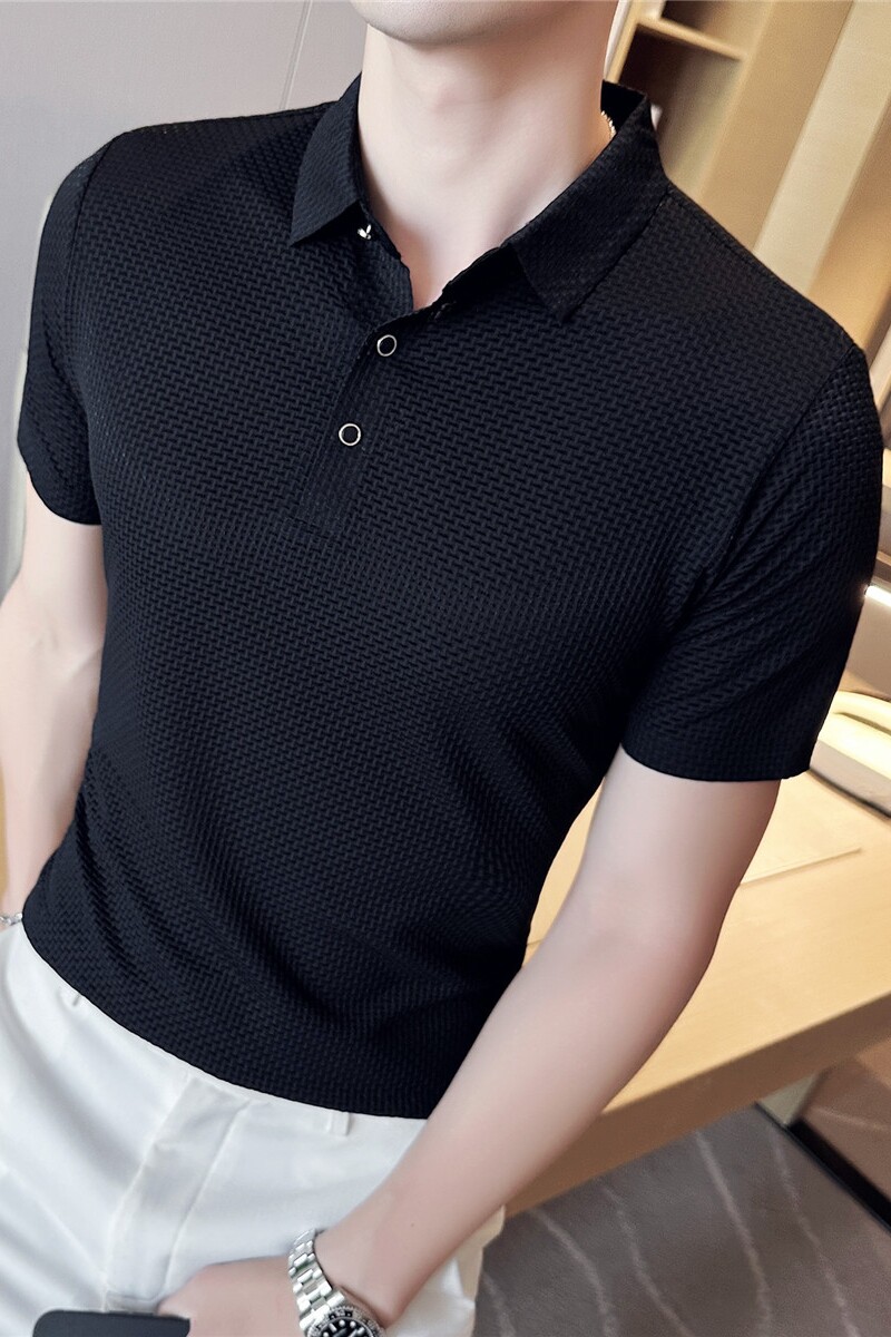 冰丝高弹华夫格~男士短袖Polo衫薄款无痕透气T恤黑色PL2318-P68,男装T恤,电商A213