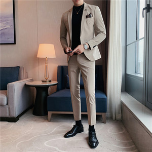 纯色小西装男修身大码两件套男商务休闲西服套装中灰LJT105/P210图片