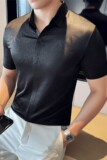新中式时尚提花无痕V领polo衫薄款翻领短袖t恤黑色PL2539-P73，男装T恤，电商A213