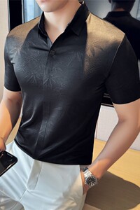 新中式时尚提花无痕V领polo衫薄款翻领短袖t恤黑色PL2539-P73图片