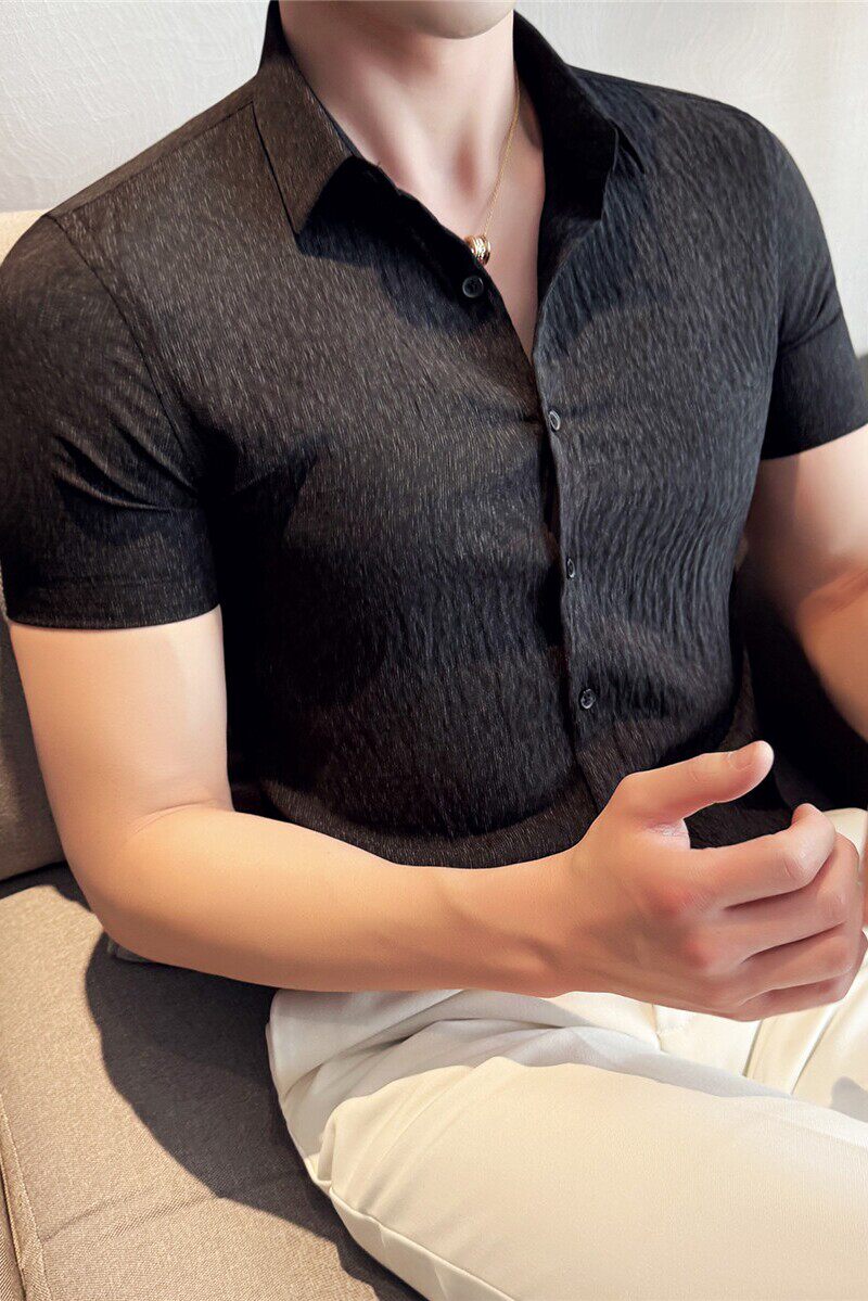 冰丝透气褶皱肌理纹细条纹短袖衬衫男商务休闲衬衣黑色C1012-P58,男装衬衫,电商A213