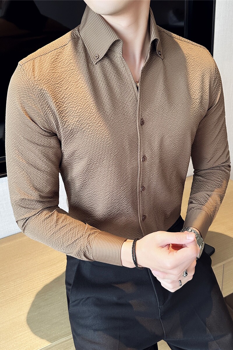 高级感高品质泡泡纱华夫格V领衬衫男长袖立领衬衣灰色C3002-P55特图片
