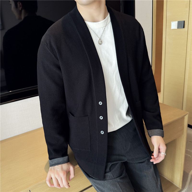 高级感秋冬撞色拼接加厚毛衣外套男V领针织开衫黑色M2223-P98图片