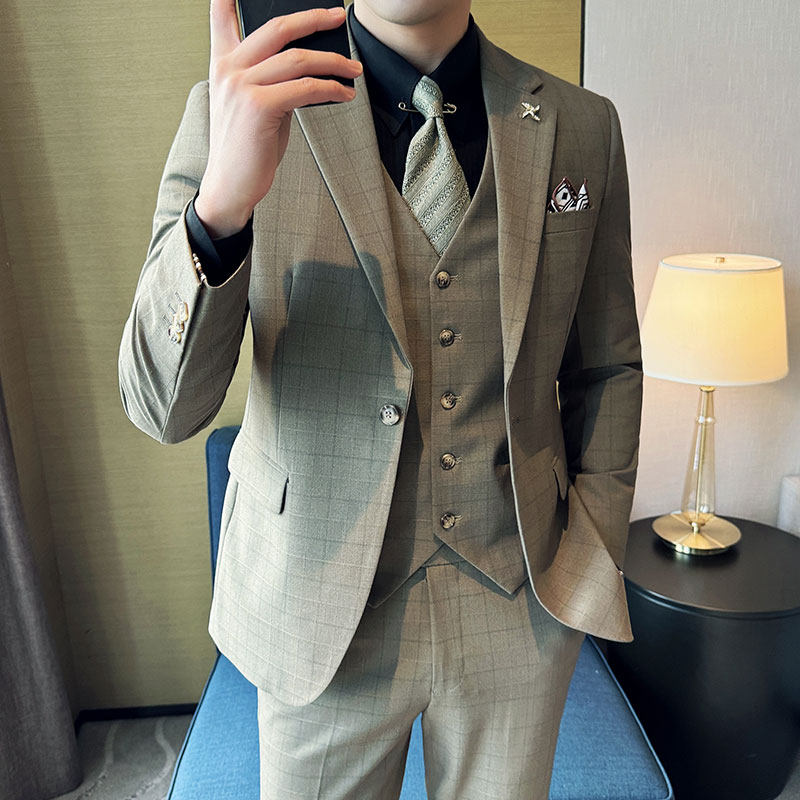 高级感色织格子新郎结婚礼服西装三件套质感西服SJT9013-P265，男装西服套装，电商A213